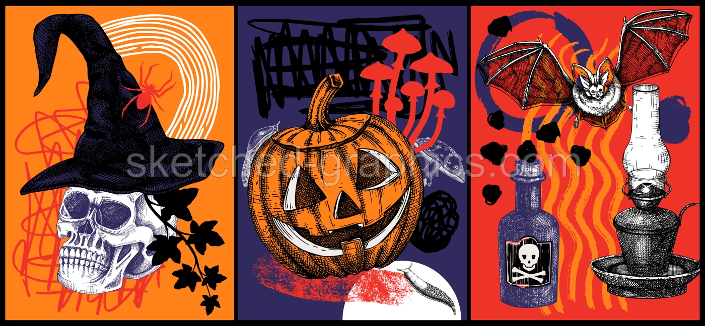 Halloween poster set. Hand drawn vector illustration. Skulls, bones, pumpkin, poisonous mushrooms, snakes, raven, witch hat sketches. Autumn holiday design. Trendy Halloween party collage  Illustration